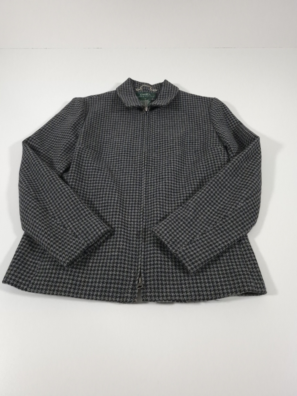 Lauren Ralph Lauren Jacket Womens 8 Gray Lambswool Tweed Houndstooth Full Zip